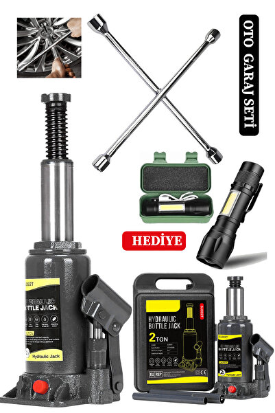 STAXX POWER 2 Ton Kapasiteli Şişe Tip Araç Krikosu + 4'lü Bijon Set Full Oto Garaj Seti + El Feneri Hediyeli