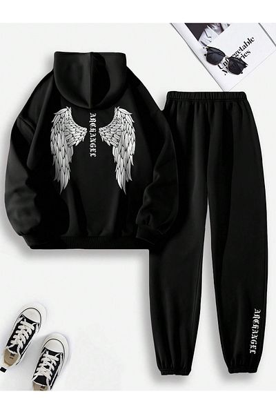 Boi Angel Wing Combination - Σετ αθλητικής φόρμας με μαύρο χειμερινό στάμπα, λαστιχένιο πόδι και κουκούλα
