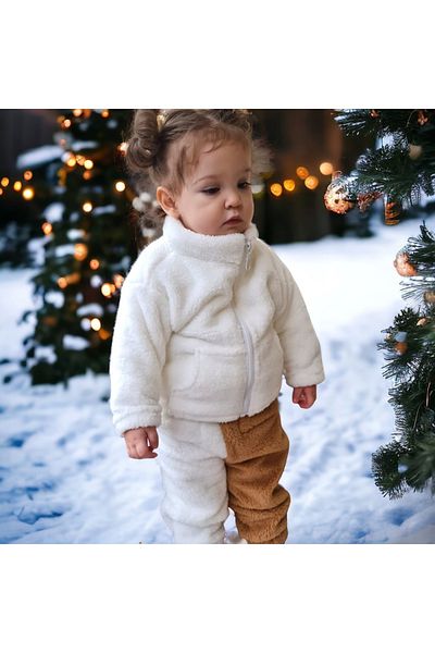 BEBEĞİME ÇORAP Baby White Plush Stand Collar Cardigan for Girls / Boys