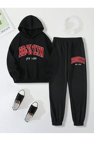 Boi Brooklyn New York Combination Bottom Top Σετ αθλητικής φόρμας - Μαύρη στάμπα Oversize Λαστιχένια κουκούλα στα πόδια