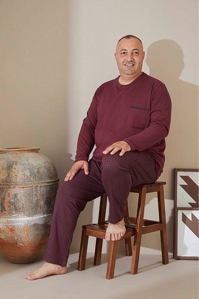 bigiyin Burgundy Plus Size Men's Pajama Set Men's Long Sleeve Pajama Set Cotton Pajama Set