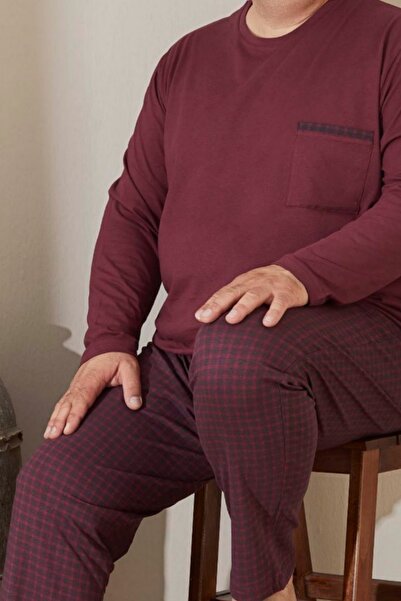 bigiyin Bordo Büyük Beden Erkek Pijama Takımı Erkek Uzun Kol Pijama Takımı Pamuklu Pijama Takımı