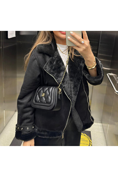 pembekurdelem Палто за мотоциклетисти от набук, пълно с овчи, черно