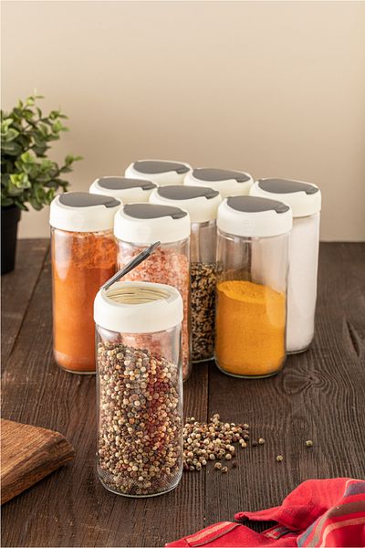 Vienev 9-Piece 500 ml Glass Spice Rack with Gray and White Lid