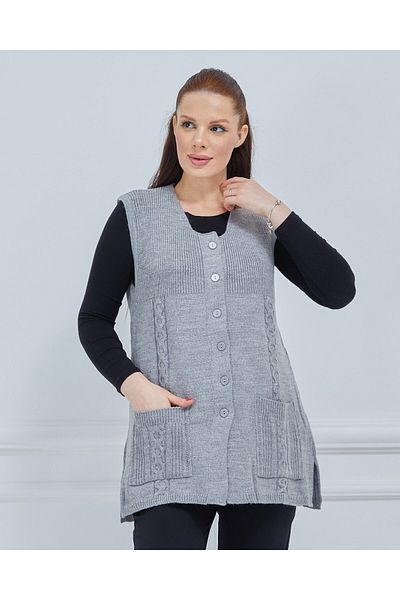 Fresh&Moda Women's Round Neck Knitwear Buttoned Winter Wool Vest with Pockets