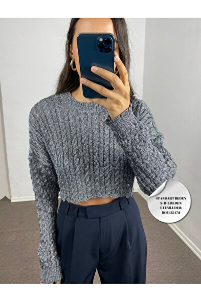 Myrum butik Mavi Sim İpli Crop Kazak