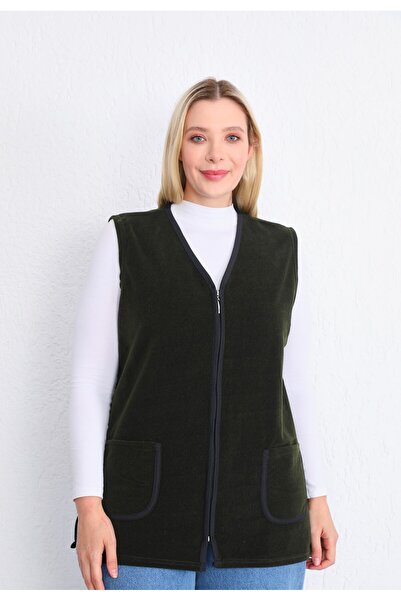 Kardelen Butik Ümraniye Vest Zippered Khaki Green Plus Size
