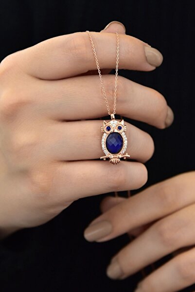 Sinsirella 925 Ayar Gümüş Rose Altın Kaplama Lacivert Göz His Taşı Baykuş Kolye