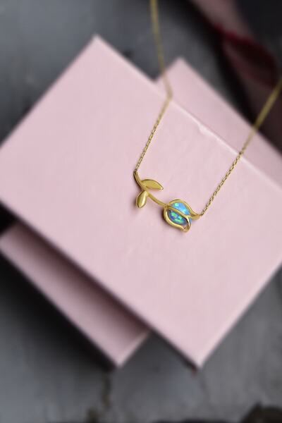 Sinsirella 925 Ayar Gümüş Gold Kaplama Opal Taşlı Lale Kolye