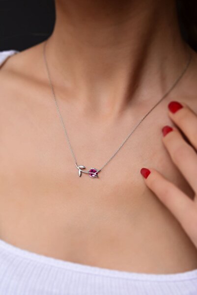 Sinsirella 925 Ayar Gümüş Rodyum Kaplama Fuşya Taşlı Lale Kolye