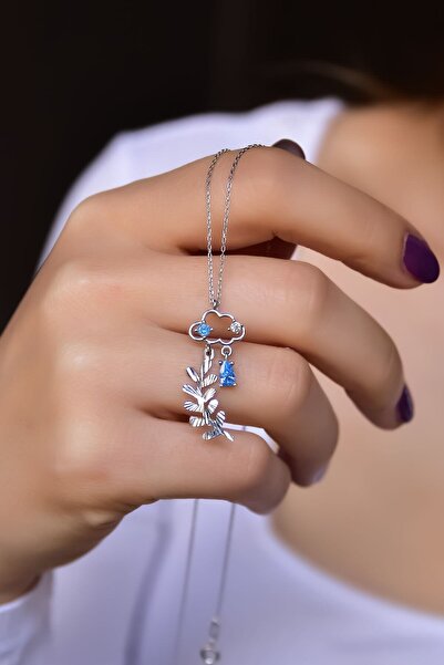 Sinsirella 925 Ayar Gümüş Rodyum Kaplama Kristal Zeytin Dalı Yağmur Bulut Kolye