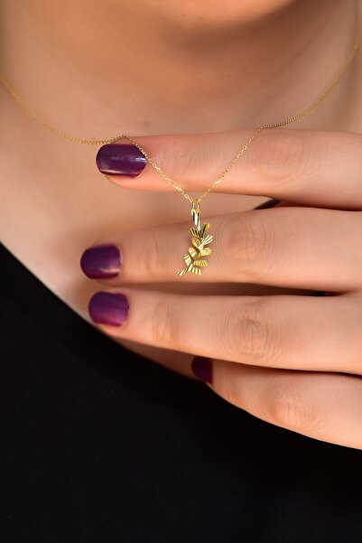 Sinsirella 925 Ayar Gümüş Altın Kaplama Kristal Kesim Zeytin Dalı Kadın Kolye