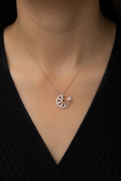 Sinsirella Baget Taşlı Ay Yıldız Bayrak Kolye Rose Gold Kaplama 925 Ayar Gümüş