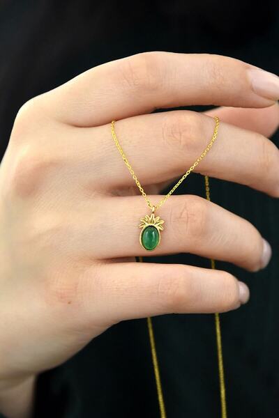 Sinsirella 925 Ayar Gümüş Gold Kaplama Akik Taşlı Ananas Kolye