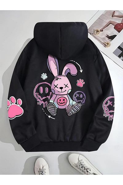 Touz Moda Street Wear Cartoon Rabbit Printed Oversize Unisex Μαύρη φούτερ με κουκούλα