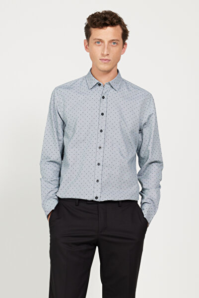 ALTINYILDIZ CLASSICS Erkek Gri-Beyaz Slim Fit Dar Kesim Gizli Düğmeli Yaka Pamuklu Gömlek