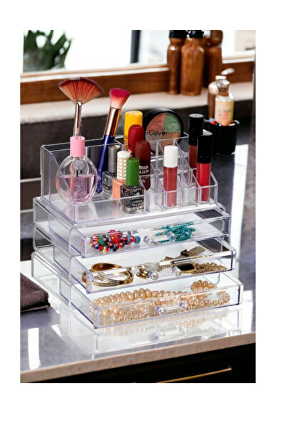 Tugomer 4 Katlı Makyaj Kozmetik Düzenleme Kutusu - 3 Çekmeceli 16 Bölmeli Takı Aksesuar Çekmece Organizeri