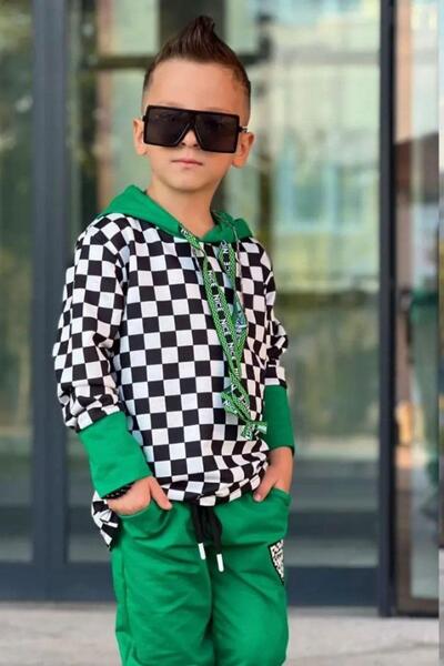 Riccotarz Boy's Checkerboard Patterned Thick Tiered 3 Thread Hooded Green Tracksuit