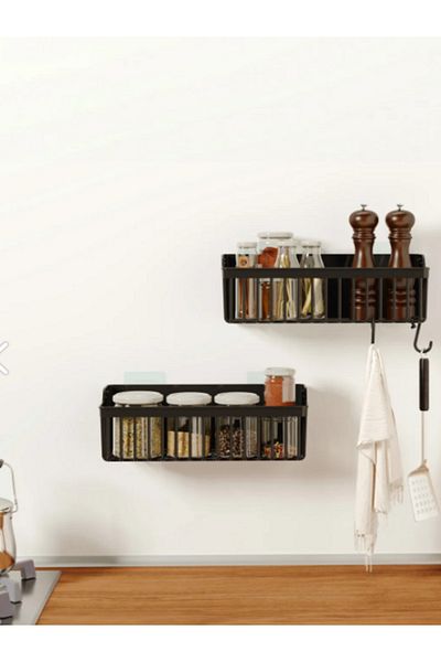 Üst Düzey Home Adhesive Black Kitchen Shelf Spice Rack In-Cabinet Organizer 2-Piece Kitchen Organizer with Plastic Hanger