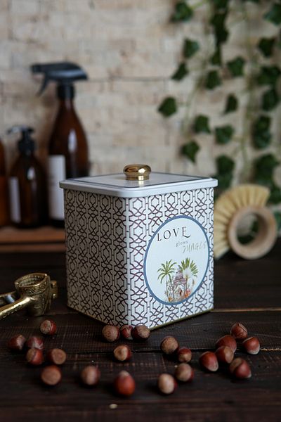 EVLE Er023-6ı Forrest Gray Love Patterned Square Metal Storage Container 12x12 Cm
