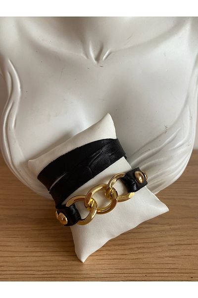 AGG TASARIM Black Gold Chain Long Tied Leather Bracelet
