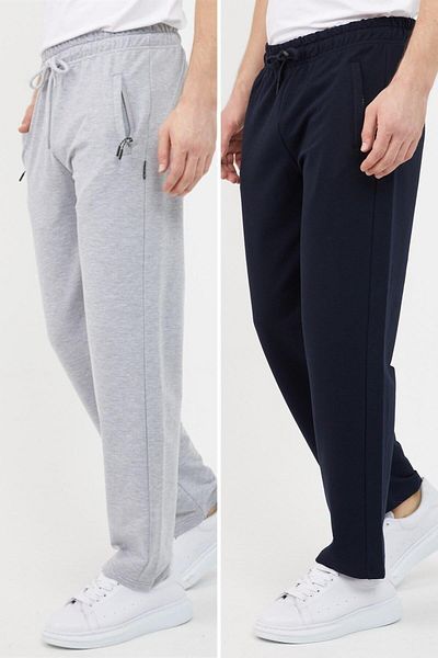 COMEOR Gray Navy Blue Men's Large Size 2-Piece Straight Leg Pocket Zipper Detailed Relaxed Fit Tracksuit