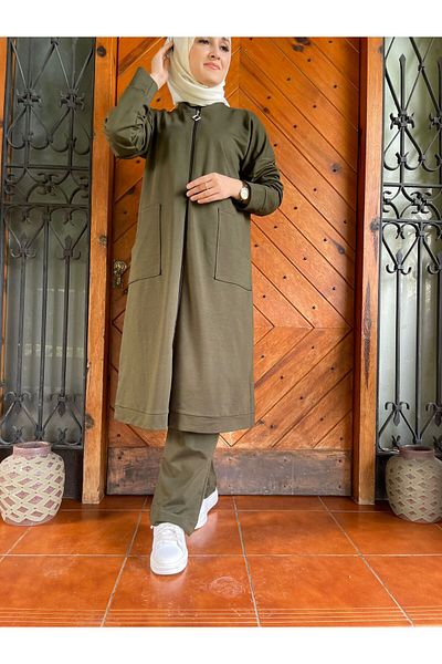 AYSUN AYDEMİR KHAKI GREEN ZIPPERED HIJAB TRACKSUIT WITH POCKETS