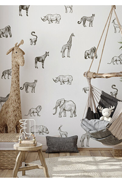 WALLHUMAN Vahşi Hayvanlar Karakalem Çocuk Odası Duvar Stickerı