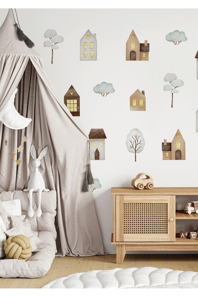 WALLHUMAN Küçük Şehir Evleri Çocuk Odası Duvar Stickerı