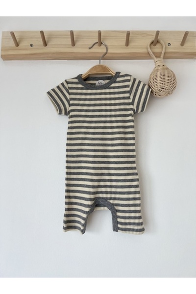 KEY KIDS Gray Cream Striped Ribbed Organic Modal Romper 100% Cotton