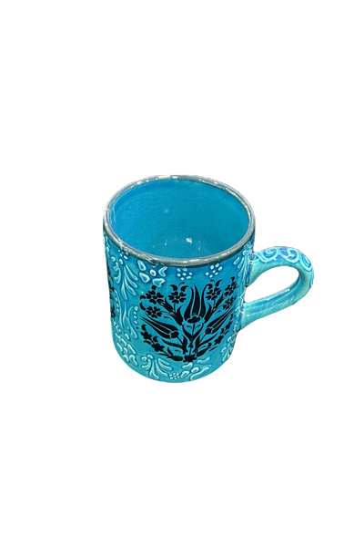 turzuccaciye ENSAR LALE MOTİFLİ MAVİ ÇİNİ İŞLEME SERAMİK KUPA BARDAK