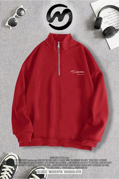 Moodopia Half Zipper Ataturk Signature Printed Sweatshirt