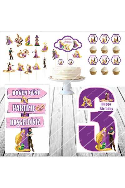 SİYAH PARTİ EVİ Rapunzel Doğum Günü Masa Panosu / Pasta Süsü Seti 3 Yaş