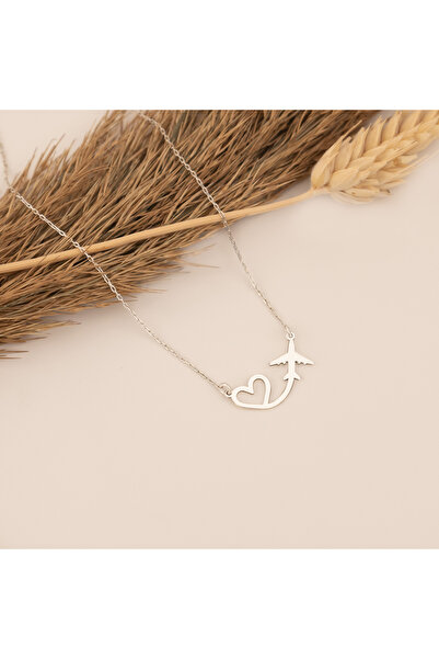 Dkmn Silver 925 AYAR GÜMÜŞ BİRLEŞİK KALPLİ UÇAK KOLYE