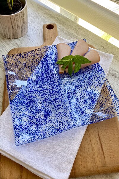 Sunu Divi Mavi Desenli Bölmeli Cam Şarküteri Tabağı - 23 Cm