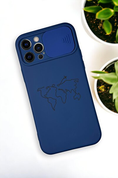 mooodcase iPhone 12 Pro Max Uyumlu Dünya Harita Desenli Kamera Koruma Slider Kapaklı Silikonlu Telefon Kılıfı