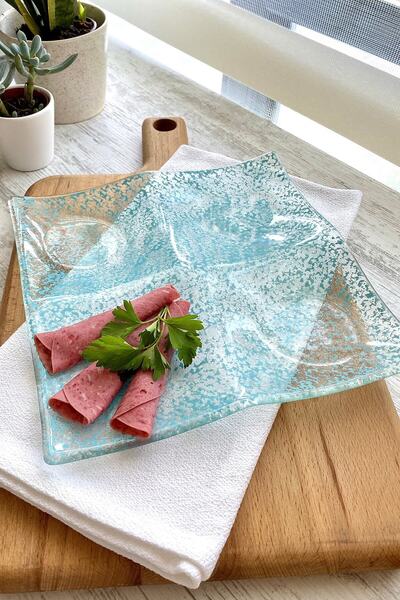 Sunu Divi Turkuaz Desenli Bölmeli Cam Şarküteri Tabağı - 23 Cm