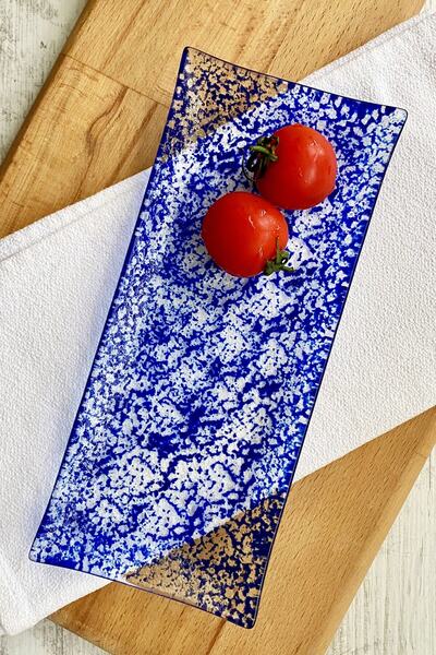 Sunu Reka Mavi Desenli Cam Tabak - 11x25 Cm