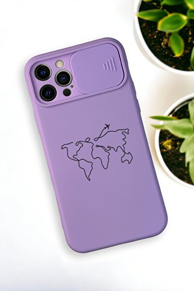 mooodcase iPhone 12 Pro Max Uyumlu Dünya Harita Desenli Kamera Koruma Slider Kapaklı Silikonlu Telefon Kılıfı