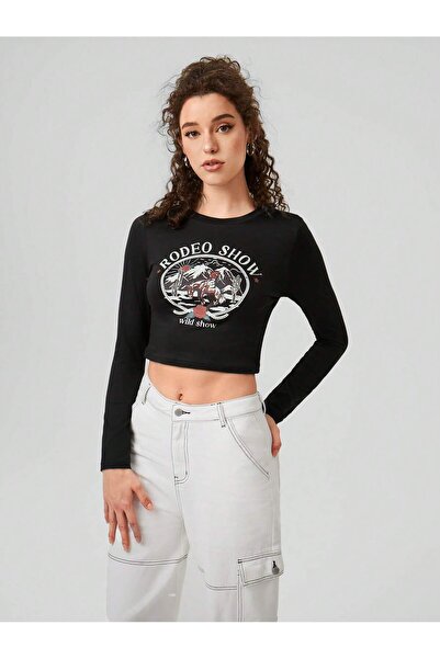 Jose Clothing Bluză crop cu mânecă lungă, cu mânecă lungă, din bumbac organic, cu imprimeu negru, cu decolteu rotund, în stil Y2K