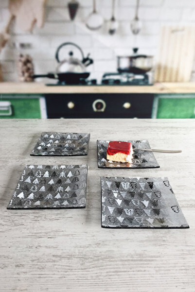 Sunu Winter Yeni Yıl Ağaç Desenli 4'lü Cam Tabak-15x15 Cm