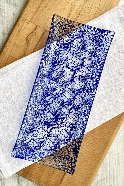 Sunu Reka Mavi Desenli Cam Tabak - 11x25 Cm