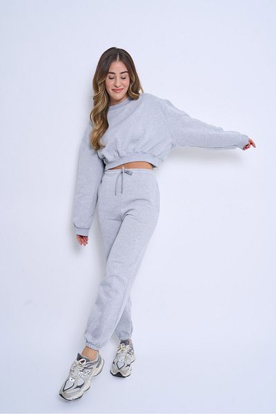 pour la riviere Crew Neck Raised Tight Fit Crop Women's Tracksuit Set