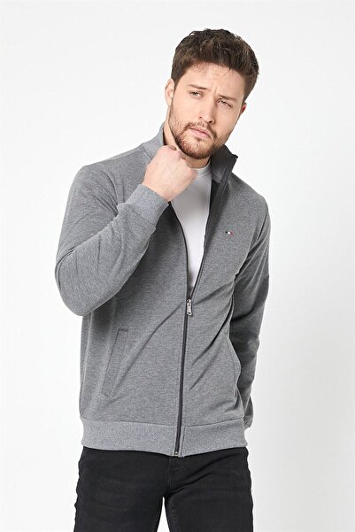 COMEOR Cardigan pentru bărbați, antracit, cu fermoar, cu broderie, cu buzunar