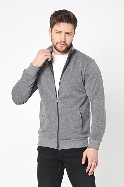 mmetalic Men's Anthracite Regular Fit Zippered Embroidery Detailed Pocket Cardigan