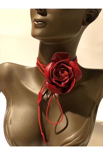 AGG TASARIM Kırmızı Büyük Gül Chocker Deri Kolye
