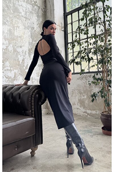 minaaise Siyah Sırtı Açık Bisiklet Yaka Fitted/vücuda Oturan Uzun Elbise 26288