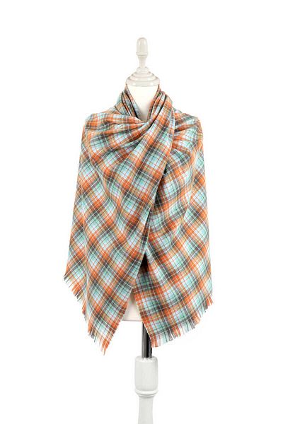 Bursa İpek Green Orange Plaid Pattern Winter Shawl