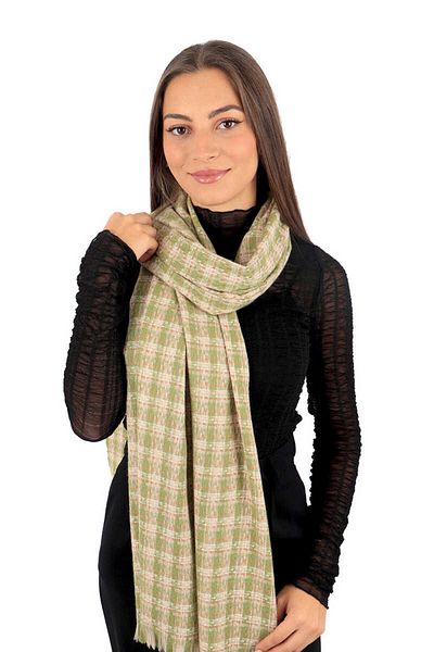 Bursa İpek Green Cream Plaid Pattern Winter Shawl