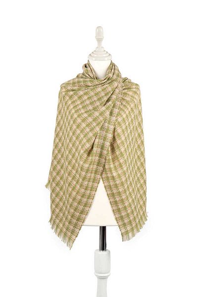Bursa İpek Green Cream Plaid Pattern Winter Shawl